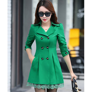 UHYTGF Fashion Korean Spring Autumn Outerwear Female Double-breasted lace elegant women's jacket Slim long Windbreaker Coats 139