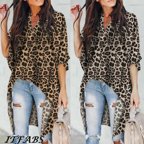 Fashion Women's Ladies Summer Long Sleeve Shirt Loose Casual Leopard Tops T-Shirt