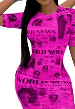 New Summer Fashion Women Dresses Newspaper Printed Short Sleeve Bodycon Mini Dress