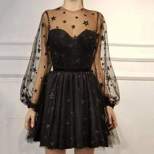 Women Sequin Star Print Tulle Dress Ladies Mesh See-Through Cocktail Party Dress