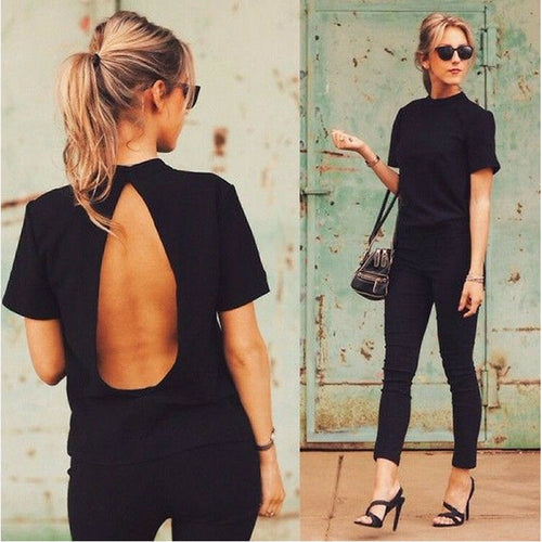 2019 New Fashion Shirts Women Casual Cool Slim Tops Open Back T shirt Sexy Short Sleeve LooseTees Summer Black Cotton T-shirt