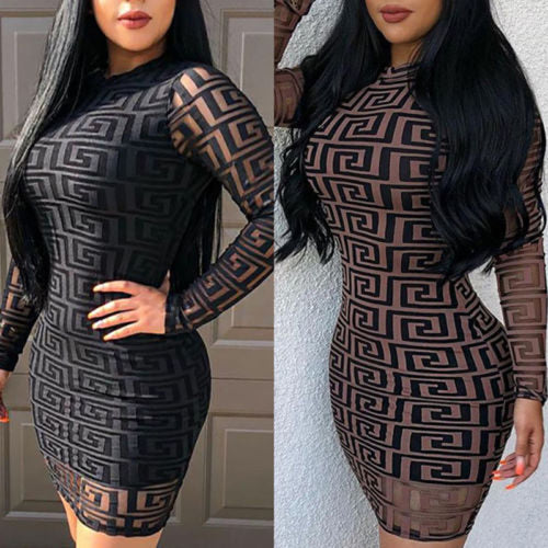 Brand New Fashion Women Sexy Ladies O-Neck Black Dress Bandage Bodycon Long Sleeve  Party Cocktail Short Mini Dress