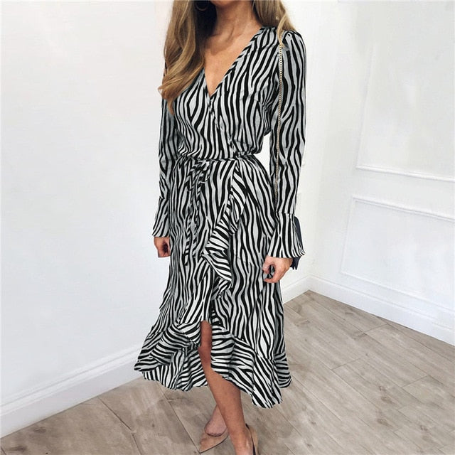 Long Dresses 2019 Women Zebra Print Beach Bohemian Maxi Dress Casual Long Sleeve V Neck Ruffles Elegant Party Dress Vestidos