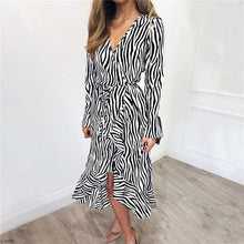 Load image into Gallery viewer, Long Dresses 2019 Women Zebra Print Beach Bohemian Maxi Dress Casual Long Sleeve V Neck Ruffles Elegant Party Dress Vestidos