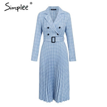 Load image into Gallery viewer, Simplee Vintage pleated belt plaid dress women Elegant office ladies blazer dresses Long sleeve female autumn midi party dress