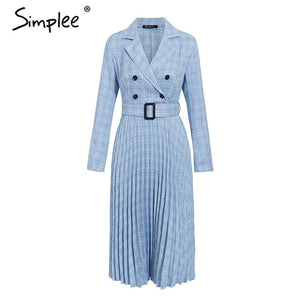 Simplee Vintage pleated belt plaid dress women Elegant office ladies blazer dresses Long sleeve female autumn midi party dress