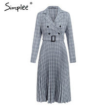 Load image into Gallery viewer, Simplee Vintage pleated belt plaid dress women Elegant office ladies blazer dresses Long sleeve female autumn midi party dress