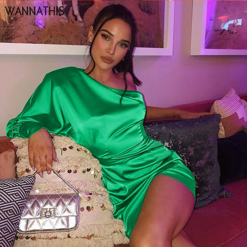 WannaThis Green One-Shoulder Silk Dresses Long Sleeve Backless Fashion Club Mini Dresses Ruched Stretchy Lady Satin Mini Dresses