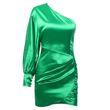 Load image into Gallery viewer, WannaThis Green One-Shoulder Silk Dresses Long Sleeve Backless Fashion Club Mini Dresses Ruched Stretchy Lady Satin Mini Dresses