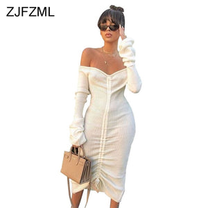 Front Drawstring Sexy Bandage Dresses Women White Slash Neck Long Sleeve Club Party Dress Autumn Winter Off Shoulder Maxi Dress