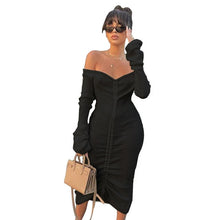 Load image into Gallery viewer, Front Drawstring Sexy Bandage Dresses Women White Slash Neck Long Sleeve Club Party Dress Autumn Winter Off Shoulder Maxi Dress