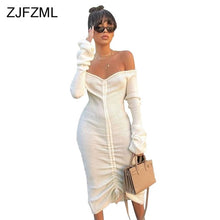 Load image into Gallery viewer, Front Drawstring Sexy Bandage Dresses Women White Slash Neck Long Sleeve Club Party Dress Autumn Winter Off Shoulder Maxi Dress