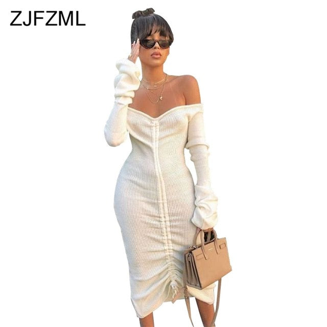 Front Drawstring Sexy Bandage Dresses Women White Slash Neck Long Sleeve Club Party Dress Autumn Winter Off Shoulder Maxi Dress