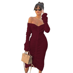 Front Drawstring Sexy Bandage Dresses Women White Slash Neck Long Sleeve Club Party Dress Autumn Winter Off Shoulder Maxi Dress