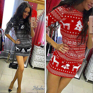 XMAS Christmas Womens Long Sleeve Floral Cartoon Deer Pullover Jumper O Neck Mini Dress