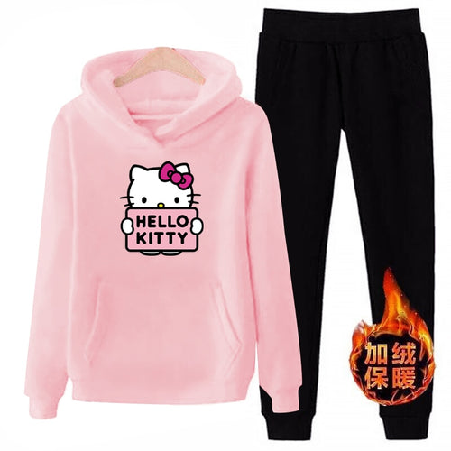 p66 3xl hello-kitty 2019 winter women ladies 2pcs long sleeve fleece hoodie Sweatshirts Set pullover Suit Tracksuits clothes