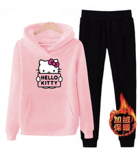 Load image into Gallery viewer, p66 3xl hello-kitty 2019 winter women ladies 2pcs long sleeve fleece hoodie Sweatshirts Set pullover Suit Tracksuits clothes