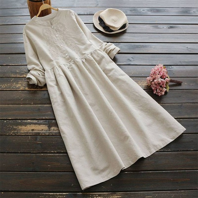 2019 ZANZEA Spring Women Long Shirt Dress Elegant Embroidery Long Sleeve Dresses Vintage Solid Cotton Linen Vestido Robe Femme