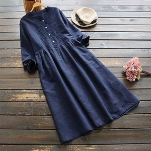 2019 ZANZEA Spring Women Long Shirt Dress Elegant Embroidery Long Sleeve Dresses Vintage Solid Cotton Linen Vestido Robe Femme