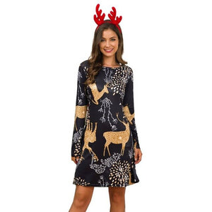 Women's Xmas Dress Snowman Snow Reindeer Long Sleeve Christmas Party A-Line Mini Dress Plus Size S-3XL