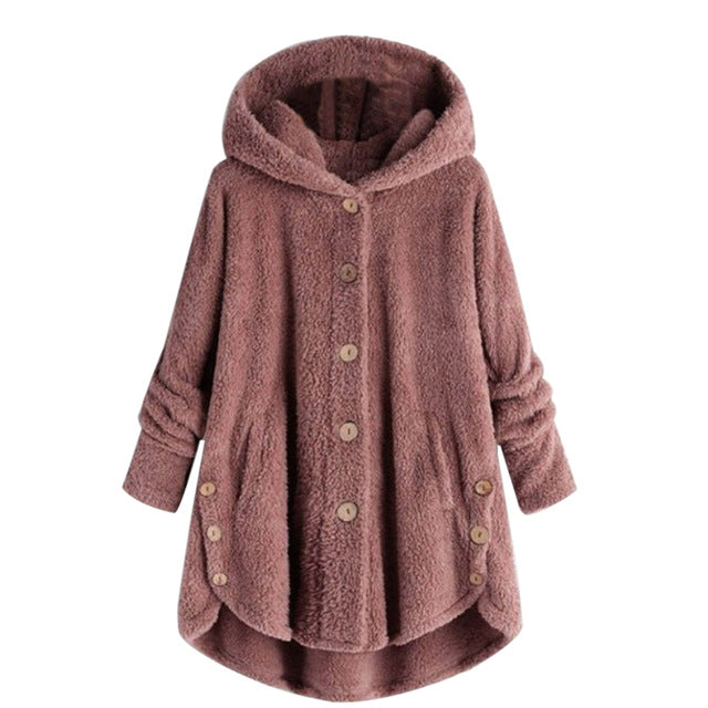 OEAK 2019 Winter Leopard Coat Fashion Women Button Solid Color Hooded Jacket Teddy Coat Women Warm Jacket Casual Hoodies