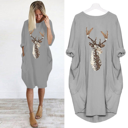 Women long sleeve dress harajuku casual knee-length dress s-5xl plus size dresses elbise christmas moose print party vestidos