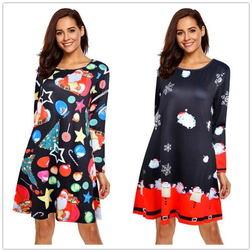 Women Christmas Dresses Plus Size S-5XL Long Sleeve O-Neck Loose  Print Casual A-line Dress New Year Xmas Party Dress Vestidos