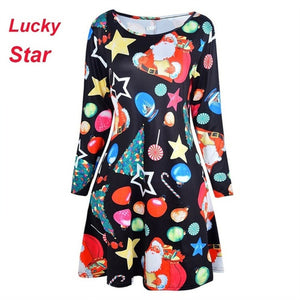 Women Christmas Dresses Plus Size S-5XL Long Sleeve O-Neck Loose  Print Casual A-line Dress New Year Xmas Party Dress Vestidos