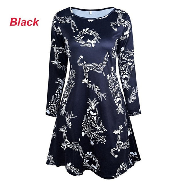 Women Christmas Dresses Plus Size S-5XL Long Sleeve O-Neck Loose  Print Casual A-line Dress New Year Xmas Party Dress Vestidos