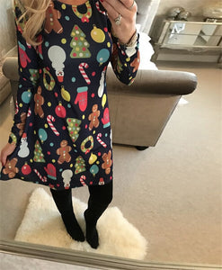 Women Christmas Dresses Plus Size S-5XL Long Sleeve O-Neck Loose  Print Casual A-line Dress New Year Xmas Party Dress Vestidos