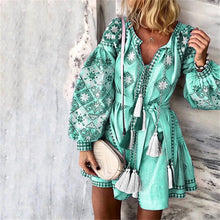 Load image into Gallery viewer, Summer Autumn Sexy Boho Dress Tassel Hollow Mini Dresses Women 2019 New Bohemian Floral Print Beach Dress Vestido Lantern Blue