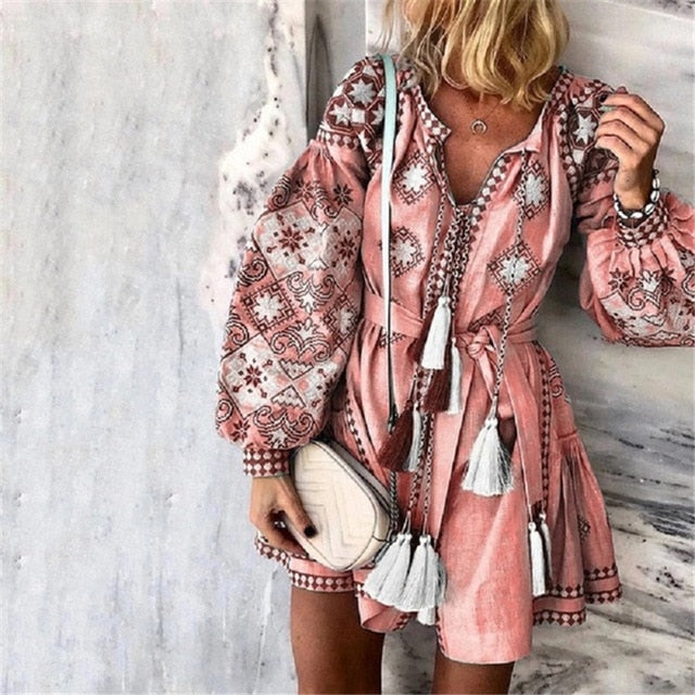 Summer Autumn Sexy Boho Dress Tassel Hollow Mini Dresses Women 2019 New Bohemian Floral Print Beach Dress Vestido Lantern Blue