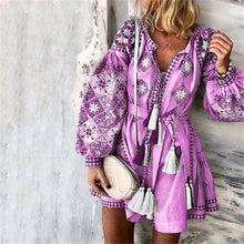 Load image into Gallery viewer, Summer Autumn Sexy Boho Dress Tassel Hollow Mini Dresses Women 2019 New Bohemian Floral Print Beach Dress Vestido Lantern Blue