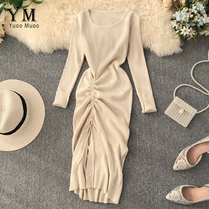 YuooMuoo Ins Fashion Autumn Dress 2019 New Design Drawstring Split Ruched Dress Elegant Knitted Women Dress Office Work Dress