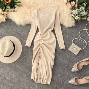 YuooMuoo Ins Fashion Autumn Dress 2019 New Design Drawstring Split Ruched Dress Elegant Knitted Women Dress Office Work Dress