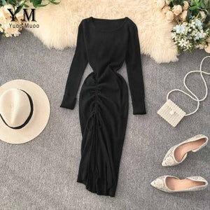 YuooMuoo Ins Fashion Autumn Dress 2019 New Design Drawstring Split Ruched Dress Elegant Knitted Women Dress Office Work Dress