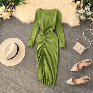 YuooMuoo Ins Fashion Autumn Dress 2019 New Design Drawstring Split Ruched Dress Elegant Knitted Women Dress Office Work Dress