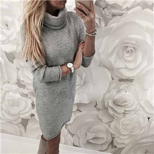 Load image into Gallery viewer, Autumn Winter Women Knitted Dress Casual Solid Loose Mini Dresses Sexy Fashion Turtleneck Long Sleeve Thick Warm Sweater Dress