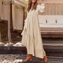 Load image into Gallery viewer, 2019 ZANZEA Women Long Maxi Bohemian Dress Casual Pleated Pockets Buttons V Neck Party Vestidos Ladies Cotton Long Tunic Dresses