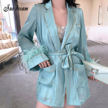 Load image into Gallery viewer, Retro Slim Women&#39;S Lazy Pajamas Wind Shirt Coat Long Sleeve Feather Belt Light Green White 2019 Autumn Fashion Sexy Coat