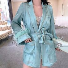 Load image into Gallery viewer, Retro Slim Women&#39;S Lazy Pajamas Wind Shirt Coat Long Sleeve Feather Belt Light Green White 2019 Autumn Fashion Sexy Coat