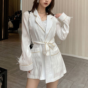 Retro Slim Women'S Lazy Pajamas Wind Shirt Coat Long Sleeve Feather Belt Light Green White 2019 Autumn Fashion Sexy Coat