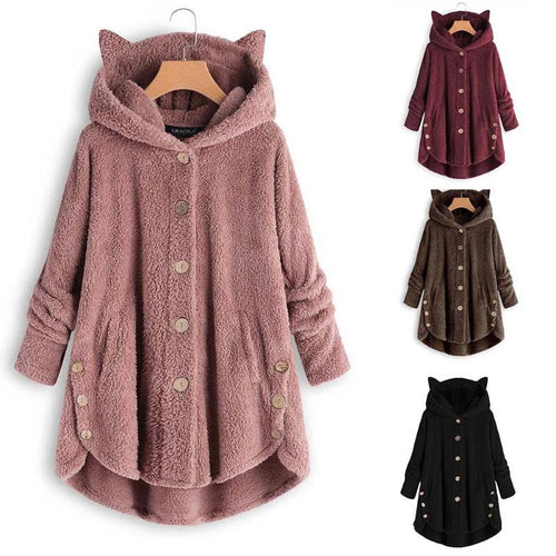 Women Plus Size Winter Warm Soft Button Pocket Overcoat Jacket Female Cute Ear Plush Hooded Coat Long Sleeve Solid Color Outwear