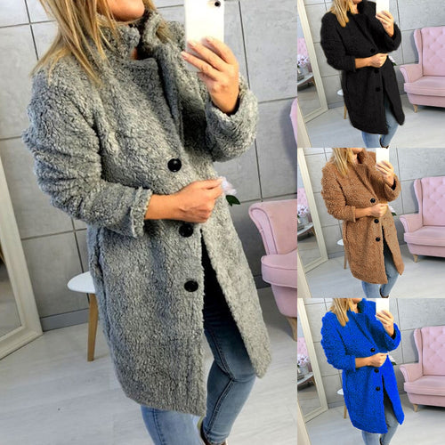 Women's Fashion Soft Warm Autumn Winter Plush Coat Female Buttons Solid Long Outwear Tops Long Sleeve Lapel Coat 2019 New