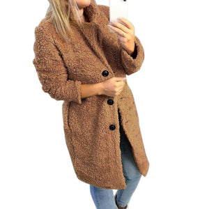 Women's Fashion Soft Warm Autumn Winter Plush Coat Female Buttons Solid Long Outwear Tops Long Sleeve Lapel Coat 2019 New