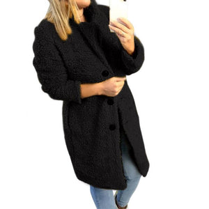 Women's Fashion Soft Warm Autumn Winter Plush Coat Female Buttons Solid Long Outwear Tops Long Sleeve Lapel Coat 2019 New