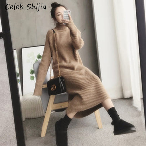 SHIJIA Autumn thicken long sweater dress woman turtleneck super Chic long-sleeve warm knit dress ladies 2019 winter clothing