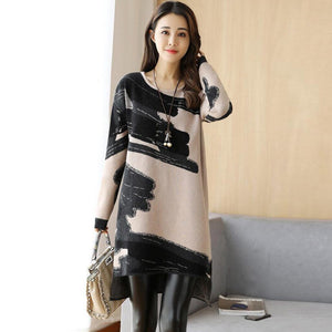 O-neck Sweater Dress 2019 Women Fashion Autumn Winter Print Knitted Pullovers Sweaters Long Sleeve Jumper Pull Femme#J30