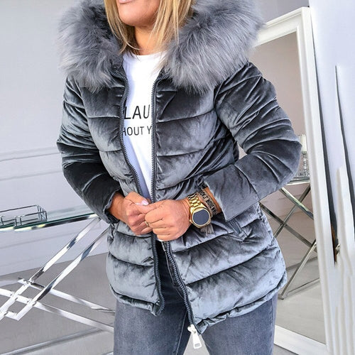 Winter Velvet Jacket Coat Women Cotton Padded Jackets Gray Pink Plus Size 4XL Hood Fur Collar Thick Fashion Basic Snow Outerwear