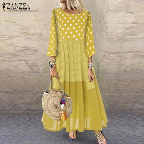 ZANZEA 2019 Women Cotton Linen Dresses Casual Vintage Pacthwork Sundress Autumn Polka Dot Long Dress Vestido Femme Robe Baggy